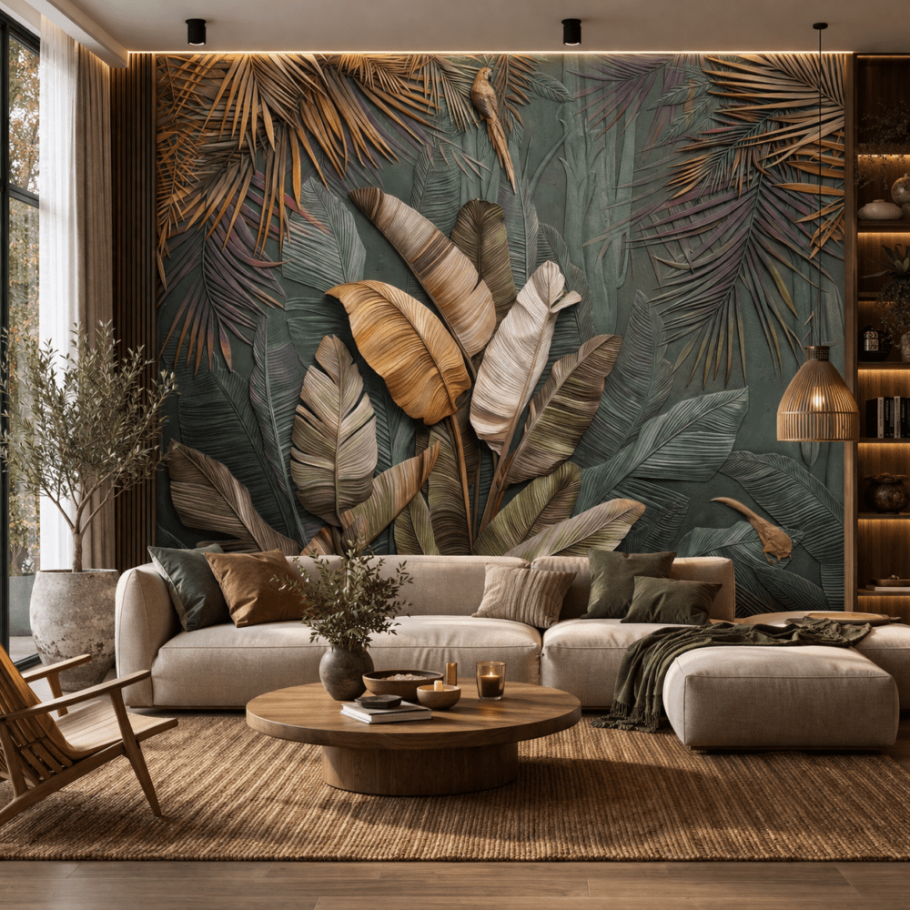 Tropikal Yapraklar 5D Kabartma Görünümlü duvar kağıdı