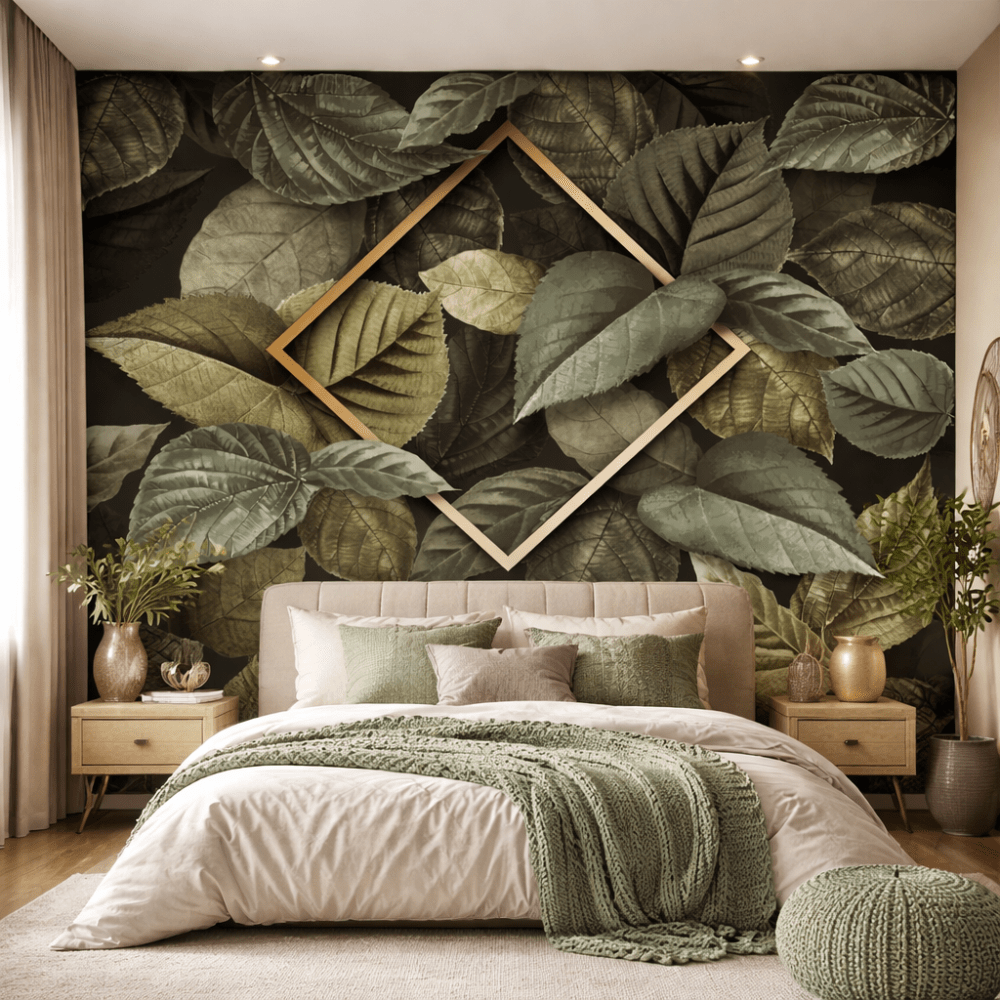 Altın Çerçeveli Yeşil Yaprak Desenli Duvar Kağıdı
