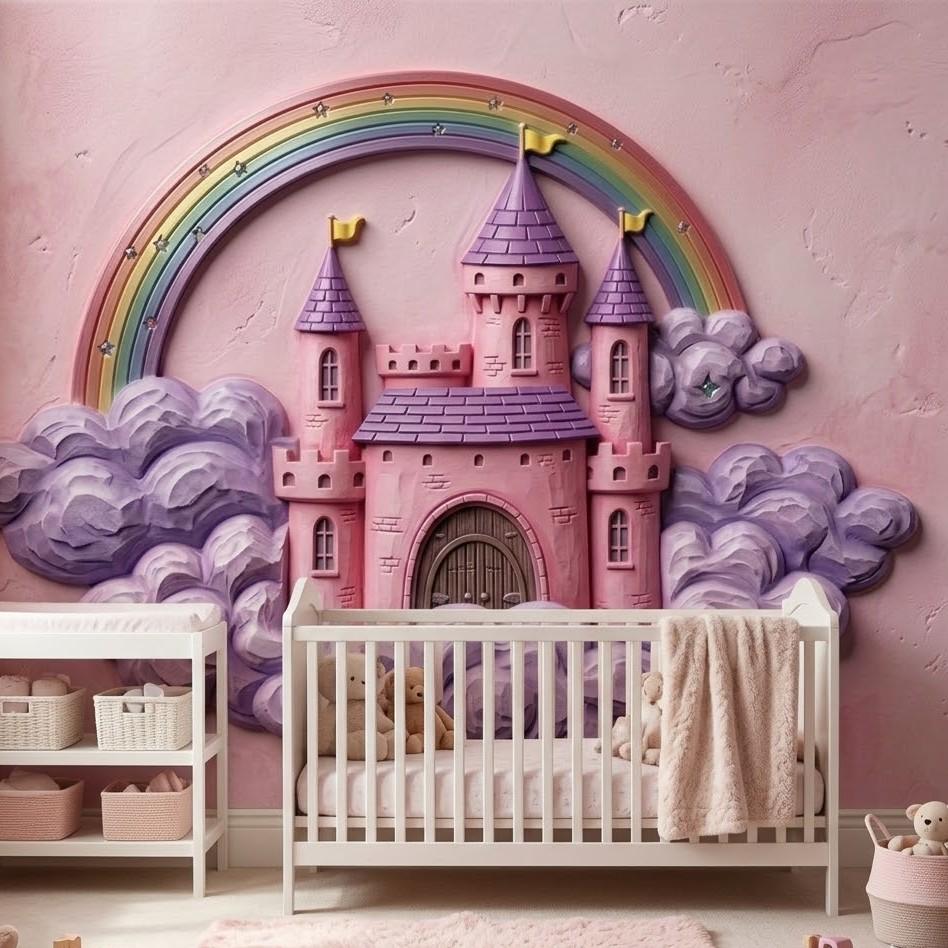 5D Kabartma Görünümlü Bulut Şatosu ve Gökkuşağı Duvar Kağıdı