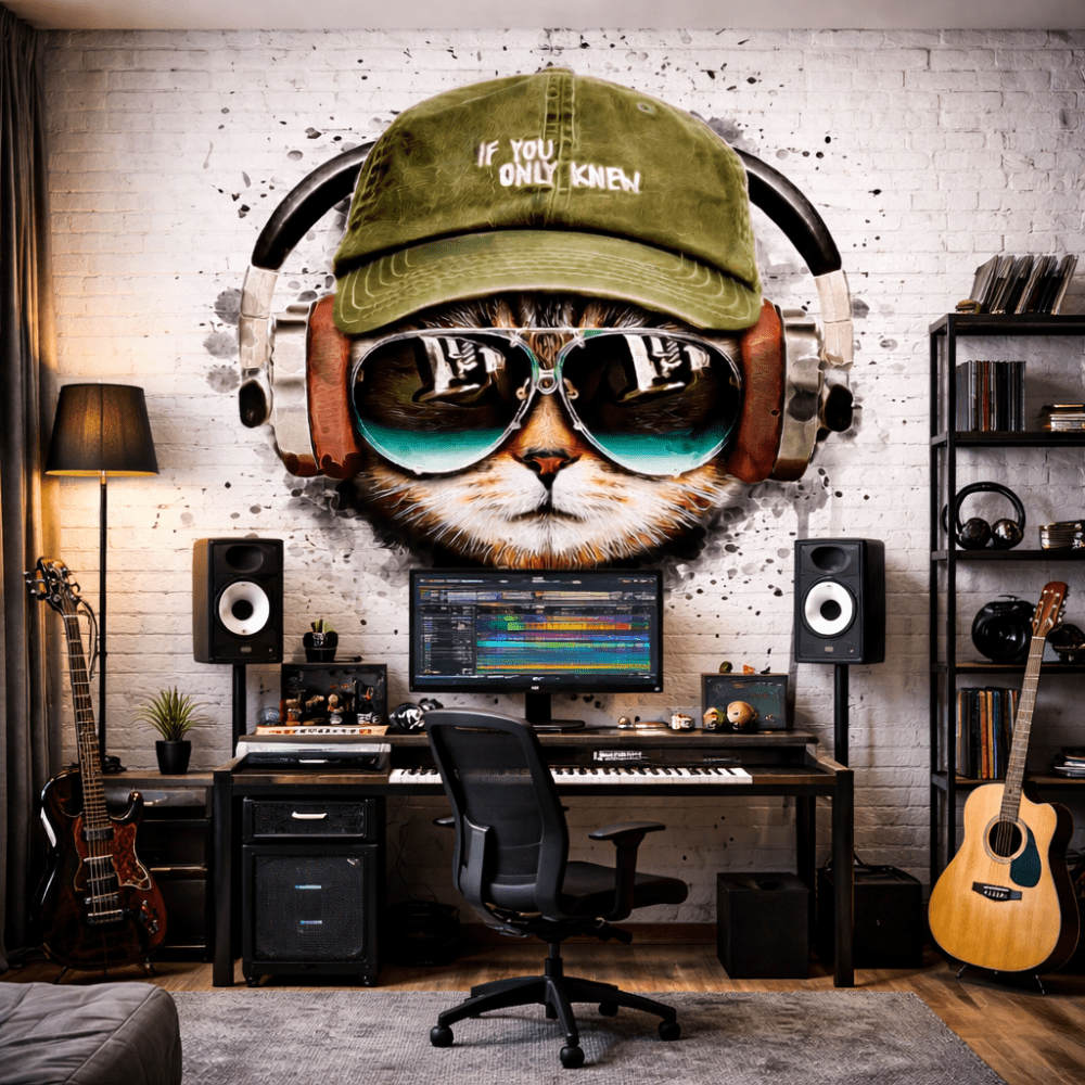 Kulaklıklı Cool Kedi Grafiti Duvar Kağıdı