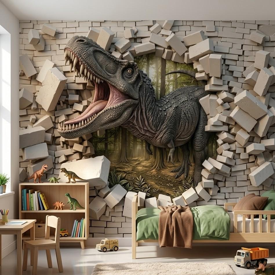 5D Kabartma Görünümlü T-Rex Duvar Kağıdı