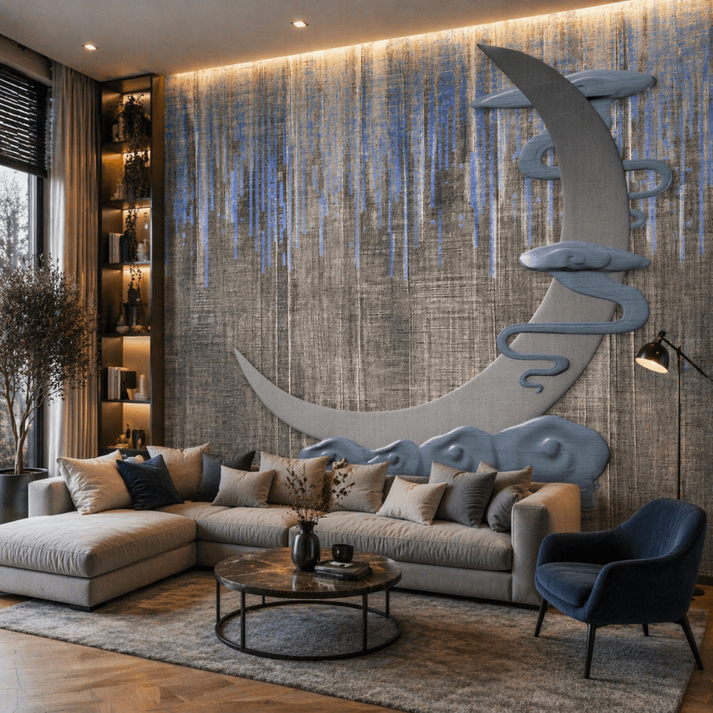 Modern Ay ve Bulut Desenli Duvar Kağıdı