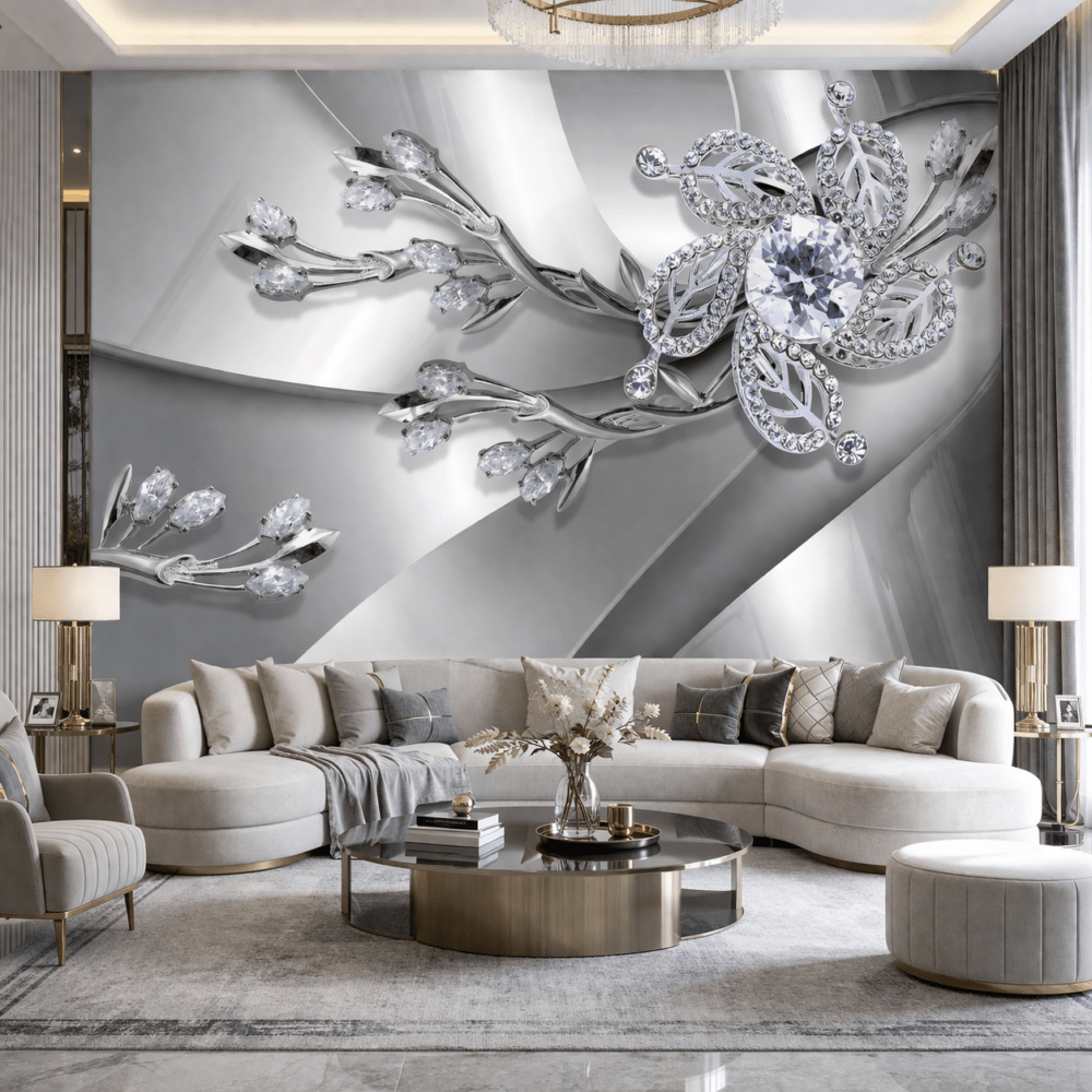 Gümüş Taşlı Lüks Çiçek Duvar Kağıdı