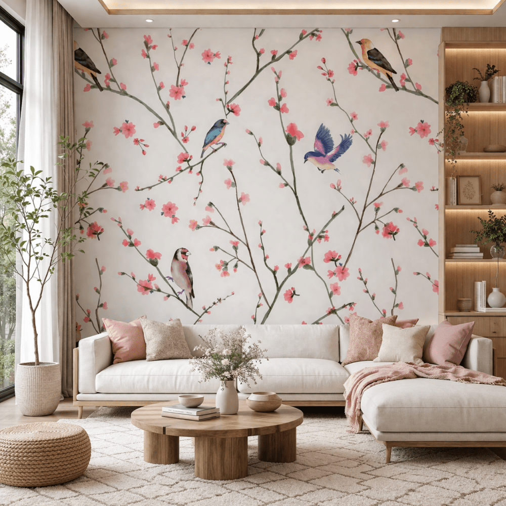 Pembe Çiçekli Kuş Desenli Duvar Kağıdı