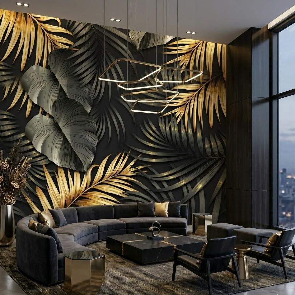 Altın Varaklı Tropikal Yapraklar Duvar Kağıdı