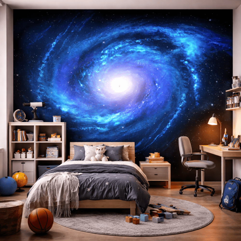 Mavi Galaksi Uzay Desenli Duvar Kağıdı