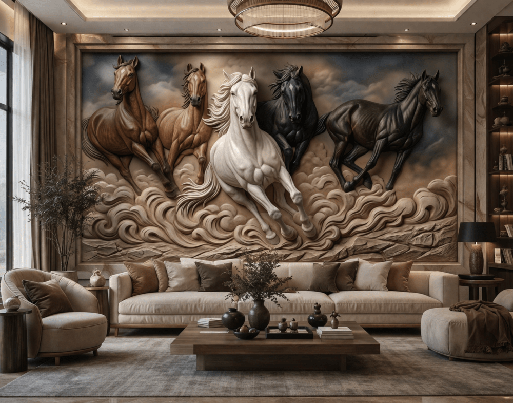 5D Kabartma Görünümlü Koşan Atlar Duvar Kağıdı
