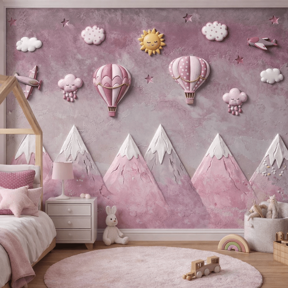 Pembe Balonlu Rüya Dağları 5D Kabartma Görünümlü duvar kağıdı