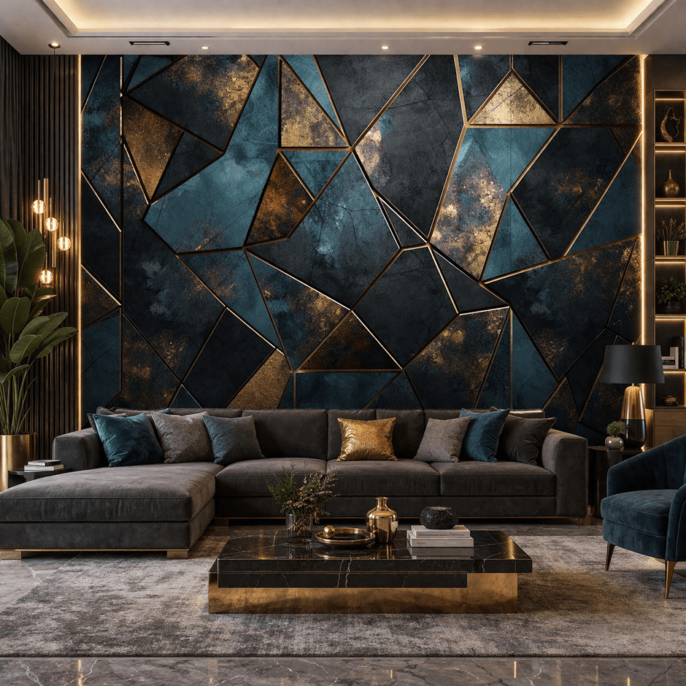 Geometrik Altın Detaylı Lacivert Duvar Kağıdı