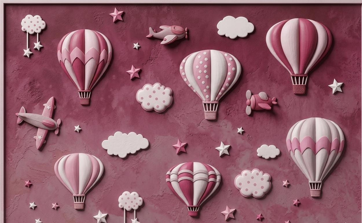 Pembe Uçan Balonlar ve Yıldızlar 5D Kabartma Görünümlü duvar kağıdı - Görsel 2