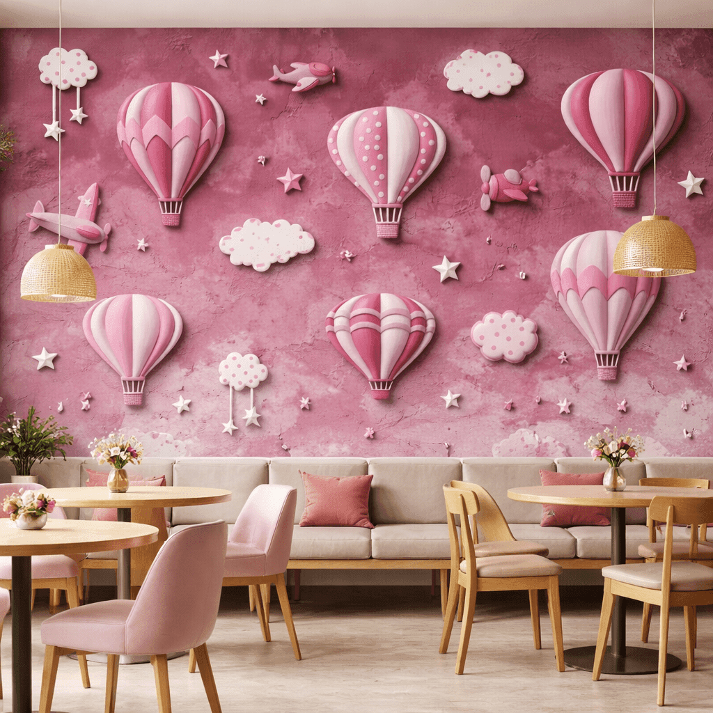 Pembe Uçan Balonlar ve Yıldızlar 5D Kabartma Görünümlü duvar kağıdı - Görsel 3