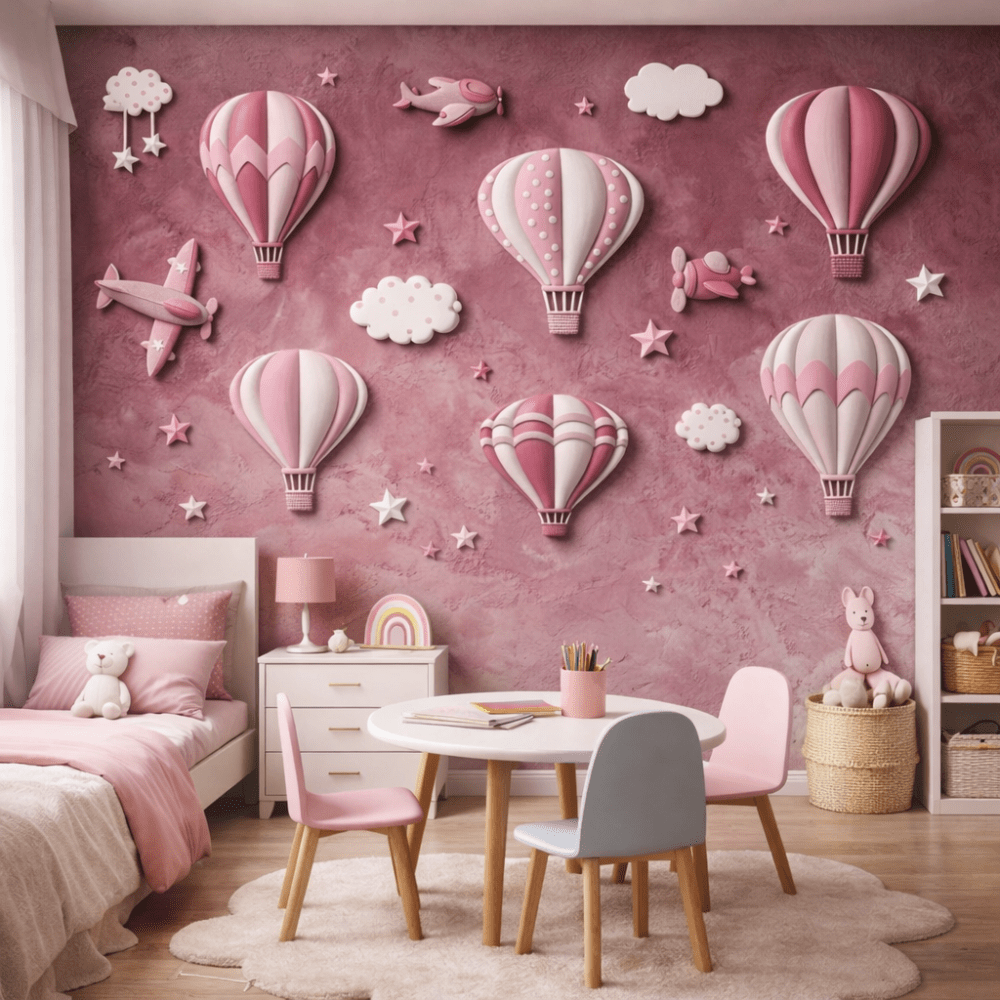 Pembe Uçan Balonlar ve Yıldızlar 5D Kabartma Görünümlü duvar kağıdı