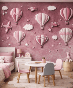 Pembe UÃ§an Balonlar ve YÄ±ldÄ±zlar 5D Kabartma GÃ¶rÃ¼nÃ¼mlÃ¼ duvar kaÄÄ±dÄ±