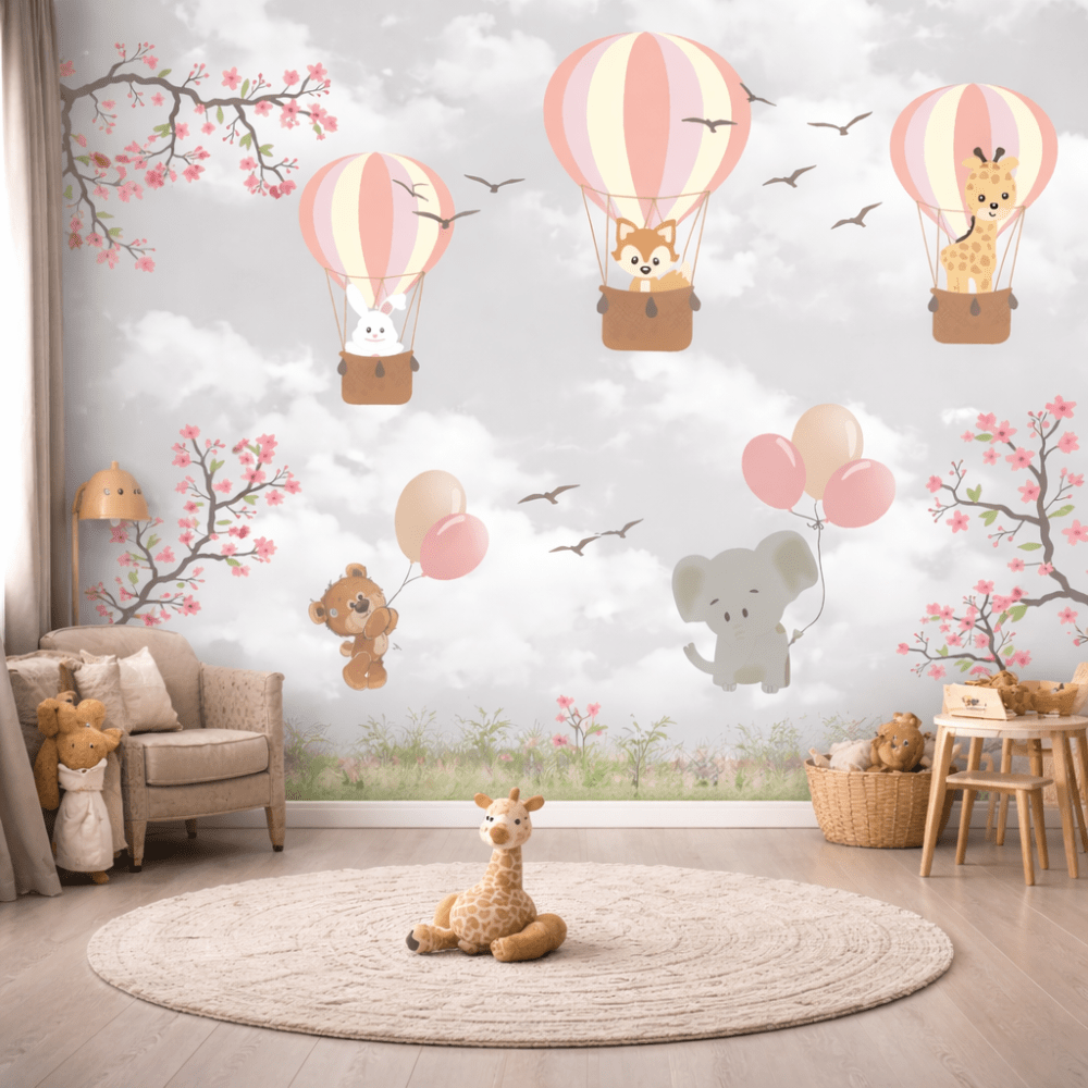 Uçan Balonlu Sevimli Hayvanlar Çocuk Odası Duvar Kağıdı