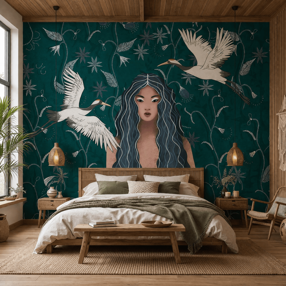 Zümrüt Turna ve Kadın Figürlü Duvar Kağıdı