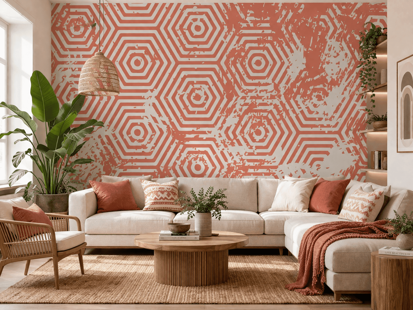 Mercan Geometrik Altıgen Desenli Duvar Kağıdı - Görsel 3