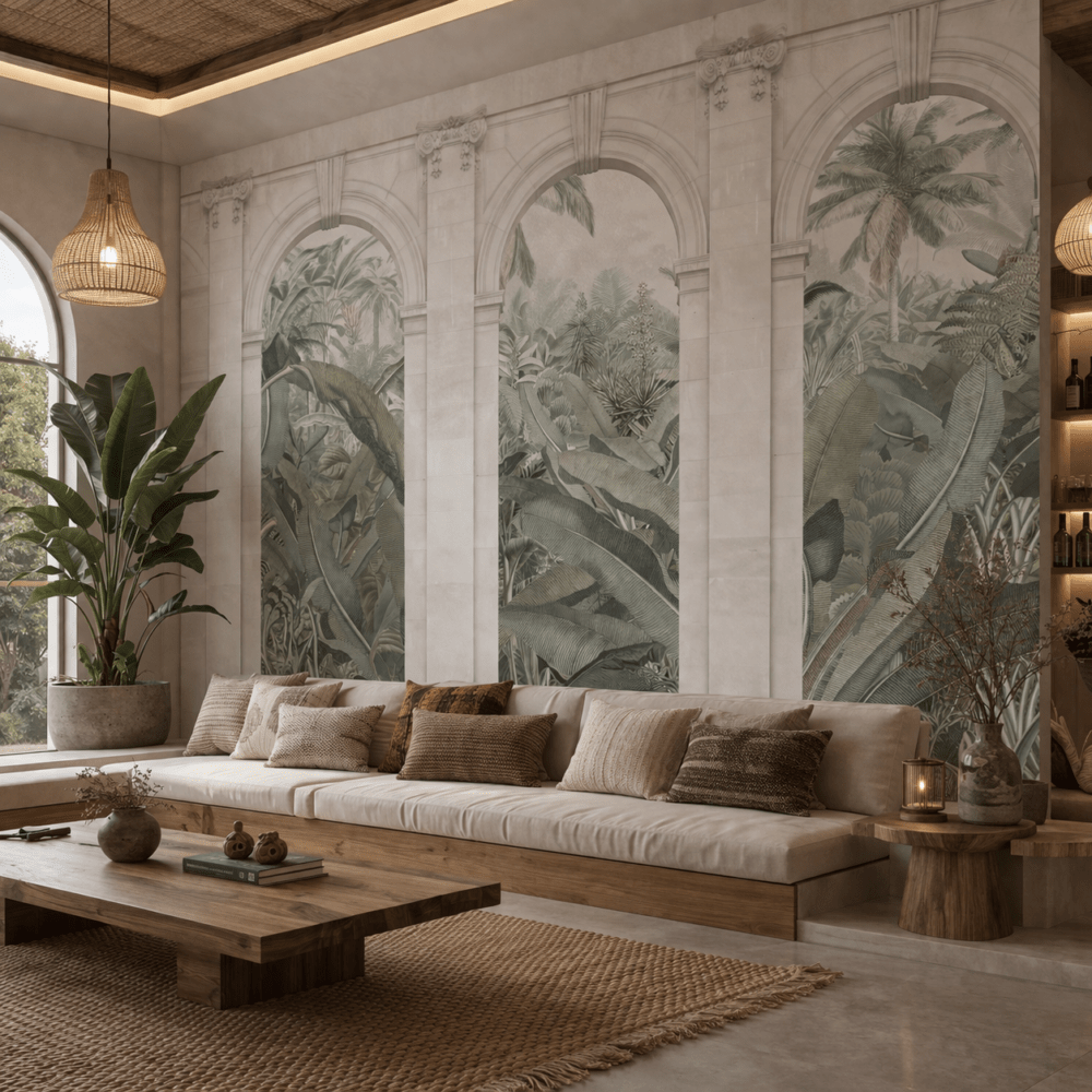 Kemerli Tropikal Bahçe Desenli Duvar Kağıdı