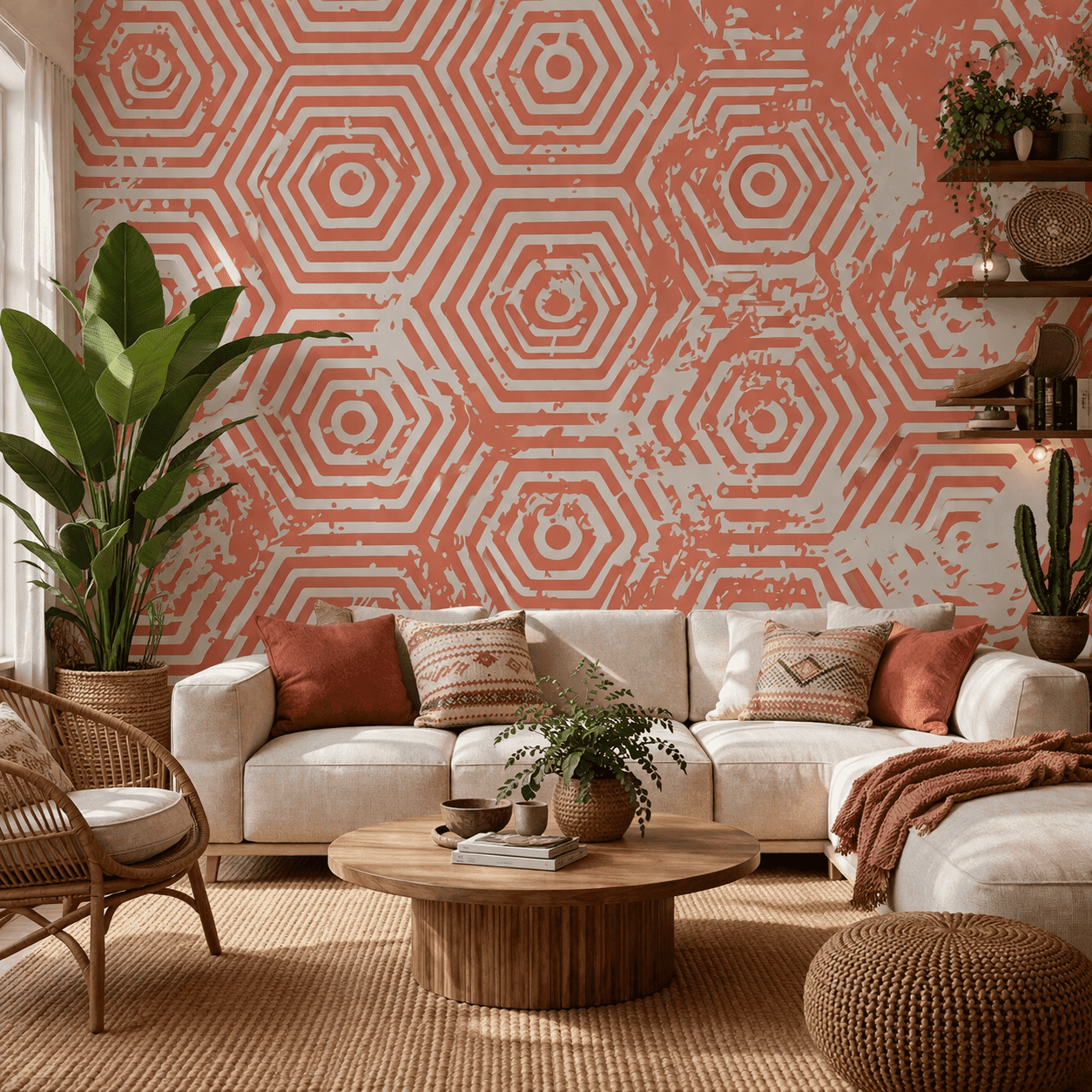 Mercan Geometrik Altıgen Desenli Duvar Kağıdı