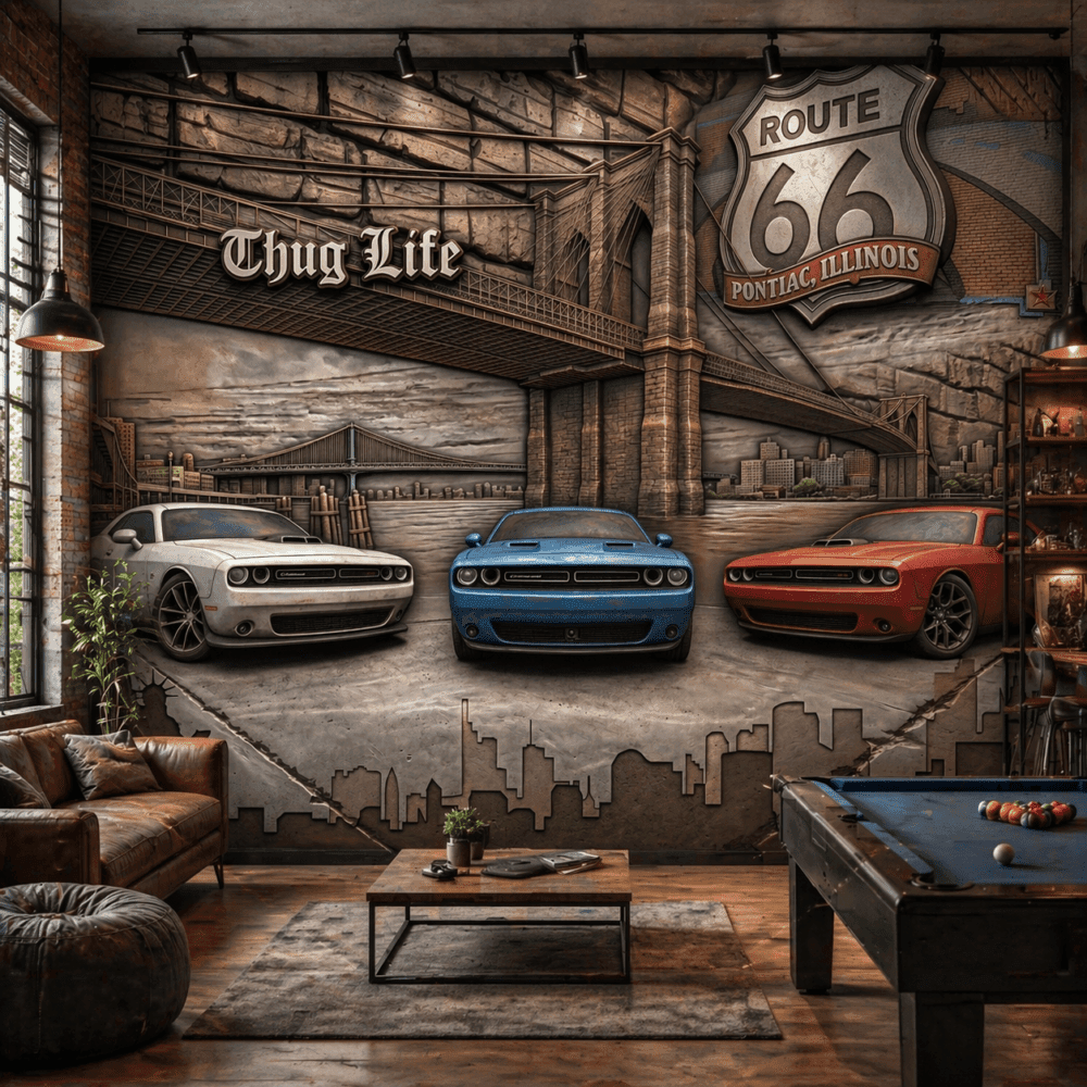 Route 66 Araba Temalı 5D Kabartma Görünümlü Duvar Kağıdı