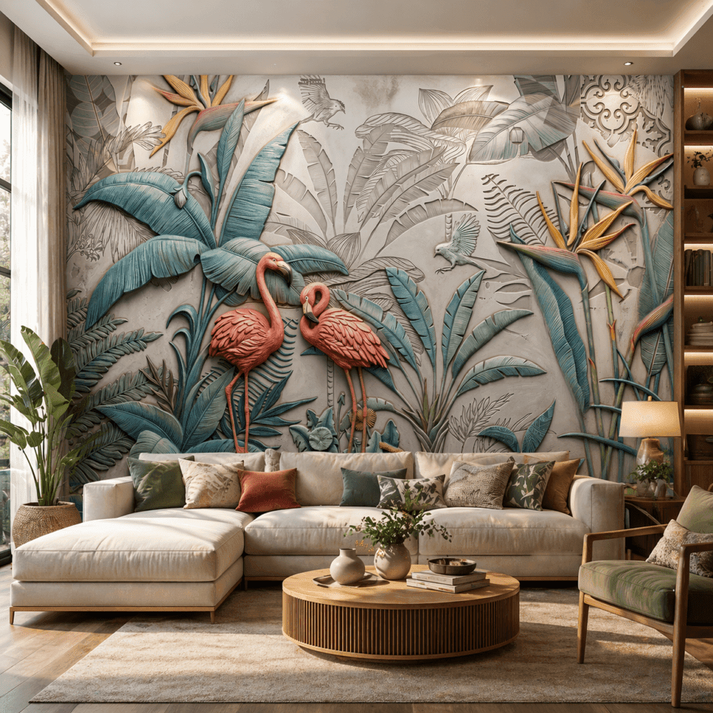 Tropikal Flamingo 5D Kabartma Görünümlü Duvar Kağıdı
