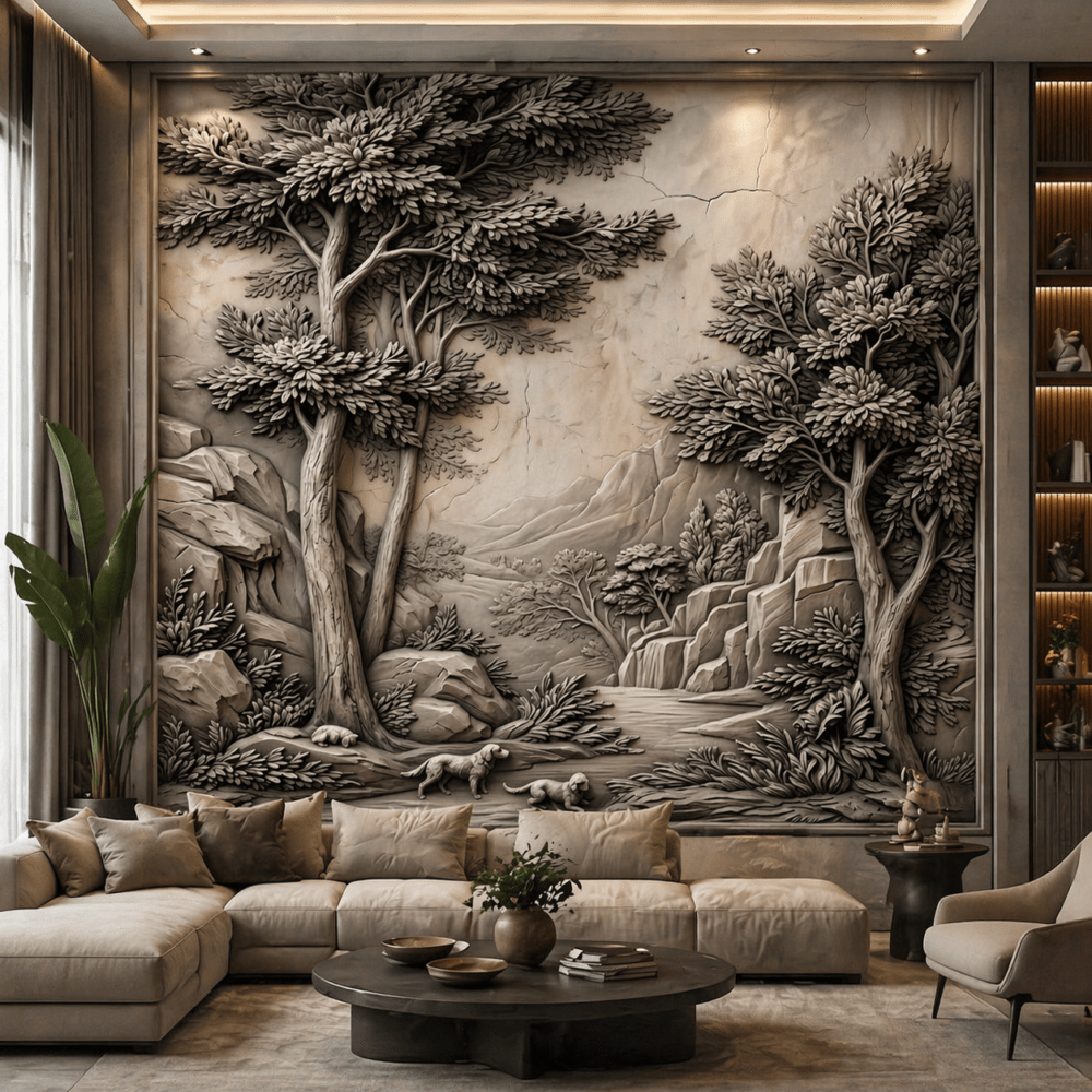 Doğal Orman Kabartma Sanatı 5D Kabartma Görünümlü duvar kağıdı