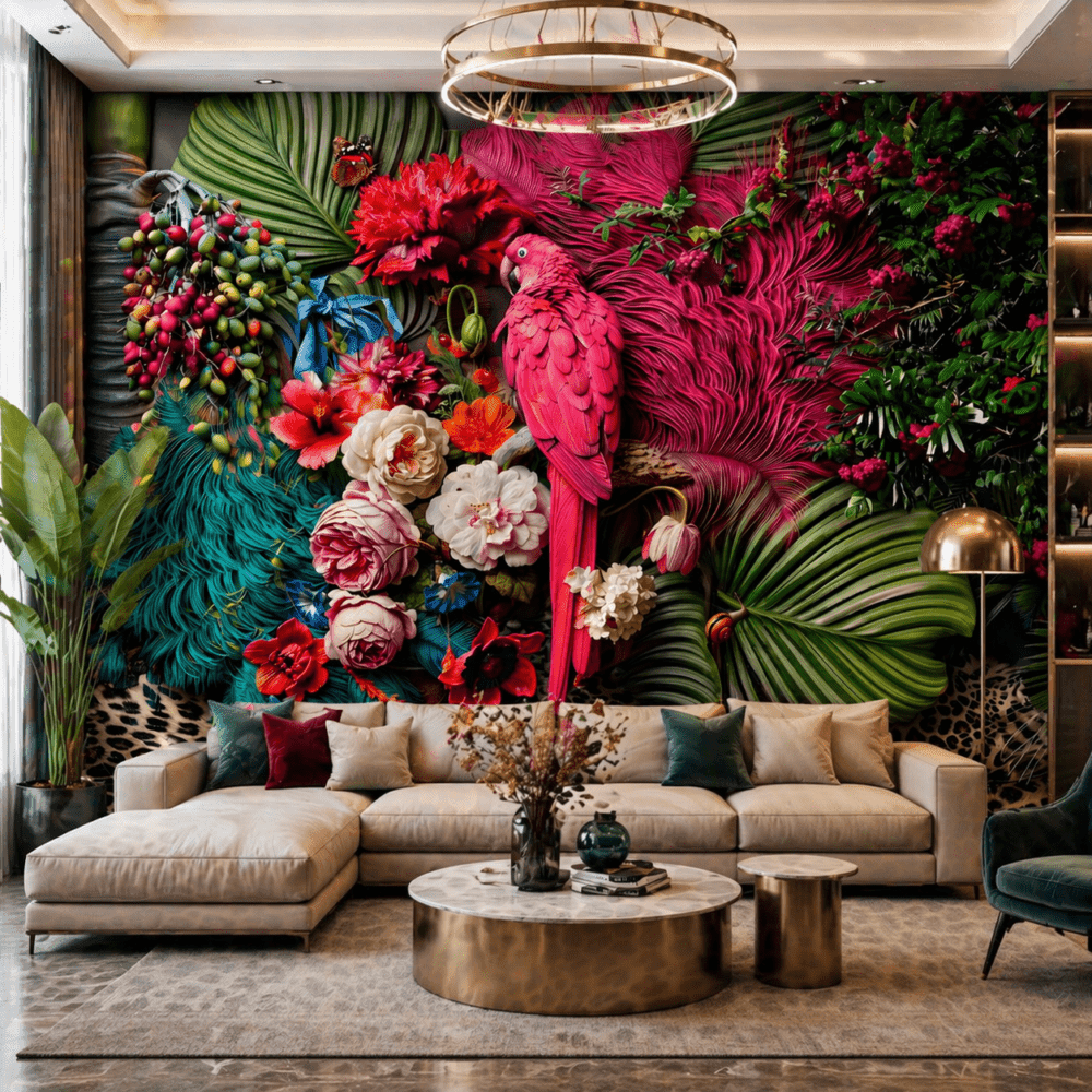 Tropikal Flamingo Bahçesi 5D Kabartma Görünümlü Duvar Kağıdı