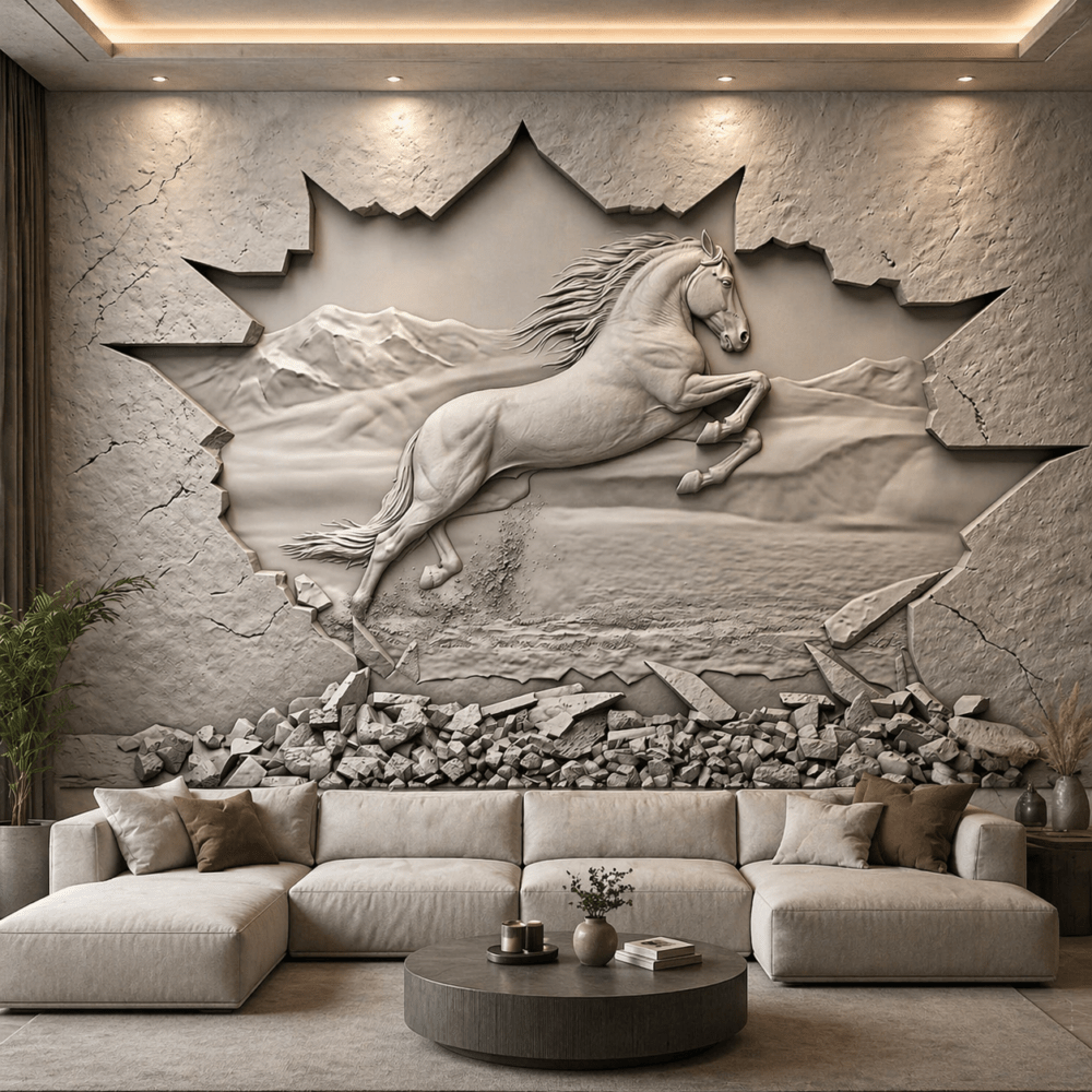 Parçalanan Duvardan Çıkan Şahlanan At 5D Kabartma Görünümlü duvar kağıdı