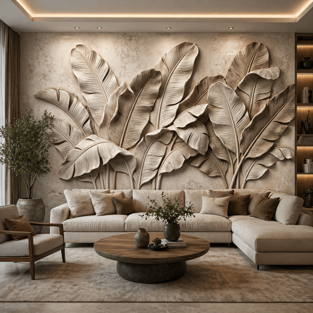 Tropikal Yaprak Kabartmalı 5D Kabartma Görünümlü duvar kağıdı