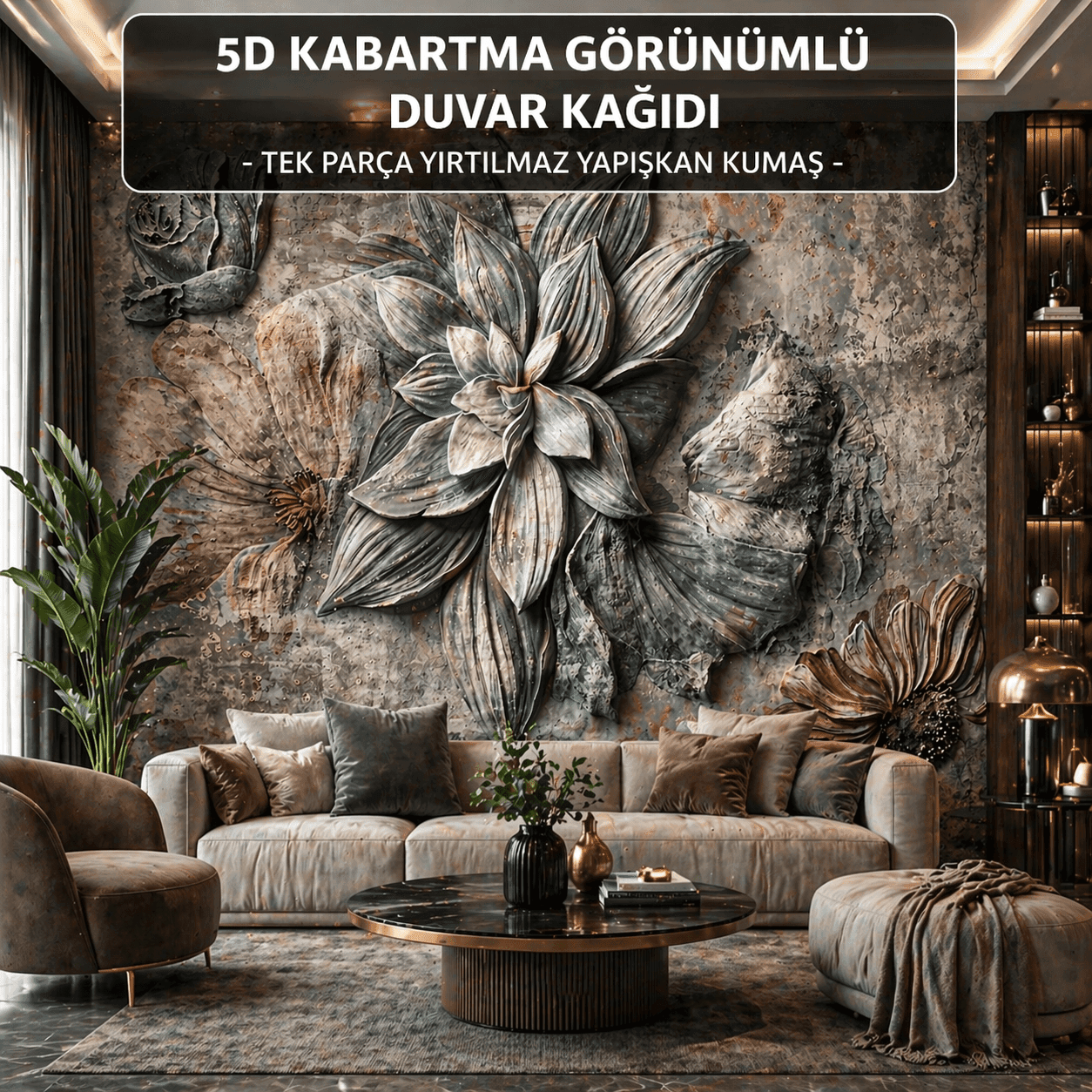 Vintage Çiçek Dokulu 5D Kabartma Görünümlü Duvar Kağıdı - Görsel 2
