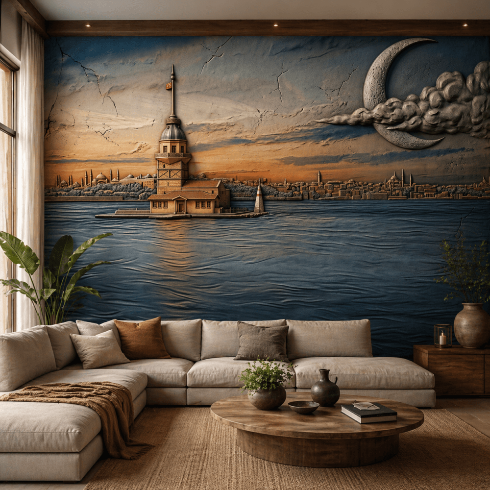 İstanbul Kız Kulesi Gün Batımı 5D Kabartma Görünümlü duvar kağıdı