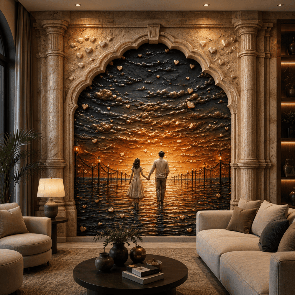 Romantik Gün Batımı Aşk Temalı 5D Kabartma Görünümlü Duvar Kağıdı