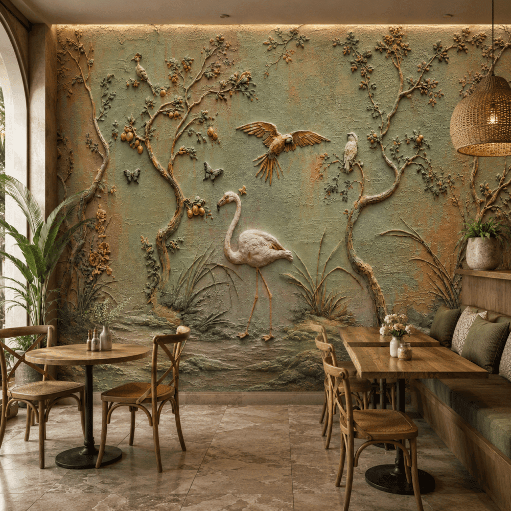 Flamingo Bahçesi 5D Kabartma Görünümlü Duvar Kağıdı